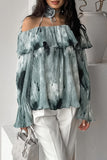 Sexy Tie Dye Ruffle Flowers Contrast Off Shoulder Blouses