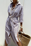 Casual Geometric Print Lace Up Buttons Turndown Collar Shirt Dresses