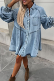 Casual Street Pocket Buttons Turndown Collar Long Sleeve Loose Denim Dresses