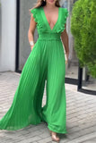 Casual Patchwork Deep V Neck Regular Jumpsuits