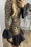 Street Elegant Leopard Patchwork Ruffle Half A Turtleneck Mini Dresses