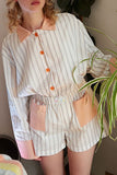 Casual Daily Stripe Patchwork Contrast Turndown Collar Long Sleeve Two Pieces