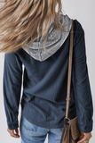 Casual Daily Draw String Buttons Patchwork Contrast Hooded Tops(8 Colors)