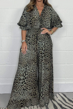 Casual Leopard Contrast V Neck Loose Jumpsuits(4 Colors)