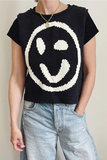 Casual Smiley Face Weave Contrast O Neck Tops(5 Colors)