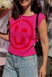 Casual Smiley Face Weave Contrast O Neck Tops(5 Colors)