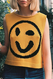 Casual Smiley Face Weave Contrast O Neck Tops(5 Colors)