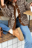 Casual Leopard Pocket Buttons Patchwork O Neck Outerwear