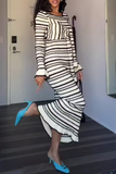 Casual Stripe Patchwork Bow Decor Contrast O Neck One Step Skirt Dresses