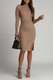 Casual Buttons Slit Potholes Half A Turtleneck Wrapped Skirt Dresses(3 Colors)