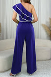 Casual Patchwork Strap Design Contrast Ruffled Trim Oblique Collar Loose Jumpsuits