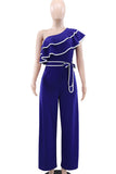 Casual Patchwork Strap Design Contrast Ruffled Trim Oblique Collar Loose Jumpsuits