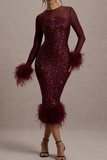 Sexy Party Sequins Feather Trim O Neck Evening Dresses