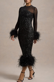 Sexy Party Sequins Feather Trim O Neck Evening Dresses