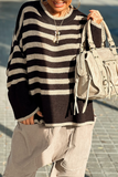 Casual Stripe Weave Contrast O Neck Sweaters