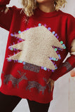 Casual Christmas Tree Sequins Patch O Neck Sweaters