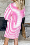 Casual Stripe Pocket Weave Contrast O Neck Long Sleeve Dresses