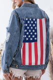 Casual Street American Flag Ripped Buttons Patchwork Turndown Collar Long Sleeve Loose Denim Jacket