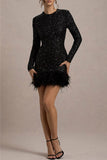 Sexy Party Sequins Feather Hemline O Neck Evening Dresses(4 Colors)