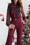 Elegant Flowers Lace Up Contrast Tie Neck Blouses(3 Colors)