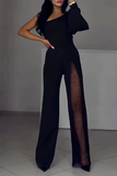 Sexy See-Through Mesh Sloping Shoulder Regular Jumpsuits