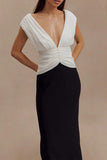 Sexy Backless Ruched Contrast V Neck Long Dresses