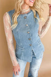 Casual Daily Buttons O Neck Sleeveless Regular Denim Jacket