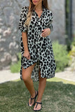 Casual Leopard Buttons Turndown Collar Long Sleeve Dresses