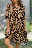 Casual Leopard Buttons Turndown Collar Long Sleeve Dresses