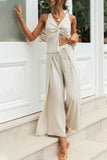 Fashion Street Solid Draw String V Neck Sleeveless Two Pieces