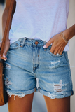 Street Daily Solid Tassel Ripped Straight Denim Shorts