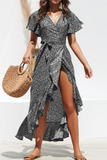 Elegant Print Frenulum Flounce V Neck Irregular Dress Dresses