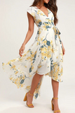 Elegant Floral Frenulum With Belt Irregular Dress Dresses(3 Colors)