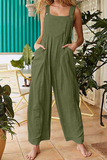 Casual Solid Pocket Buttons Square Collar Jumpsuits