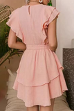 Fashion Elegant Solid Flounce Without Belt O Neck A Line Dresses