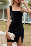 Fashion Elegant Solid Slit Square Collar Wrapped Skirt Dresses