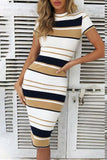 Fashion Vintage Striped Patchwork O Neck A Line Dresses