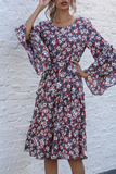 Elegant Floral Patchwork With Belt O Neck A Line Dresses