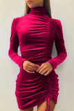 Elegant Solid Patchwork Fold Half A Turtleneck Pencil Skirt Dresses(5 Colors)