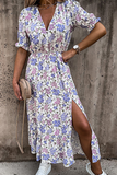 Casual Elegant Floral Buckle Slit V Neck Dresses(6 Colors)