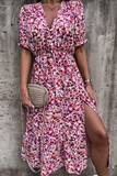 Casual Elegant Floral Buckle Slit V Neck Dresses(6 Colors)