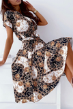 Elegant Print Buckle With Belt V Neck A Line Dresses(5 Colors)