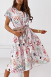 Elegant Print Buckle With Belt V Neck A Line Dresses(5 Colors)