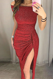 Elegant Solid Slit Sequined Off the Shoulder Wrapped Skirt Dresses(3 Colors）