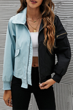 Casual Patchwork Pocket Contrast Zipper Turndown Collar Outerwear