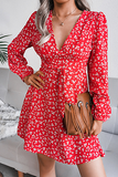 Casual Floral Patchwork Frenulum V Neck A Line Dresses(3 Colors)）