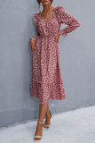 Elegant Floral Patchwork Flounce Square Collar A Line Dresses