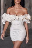 Elegant Solid Patchwork Flounce Off the Shoulder Wrapped Skirt Dresses