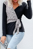 Casual Leopard Patchwork Strap Design V Neck Tops