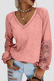 Casual Solid Lace Patchwork V Neck T-Shirts(6 Colors)